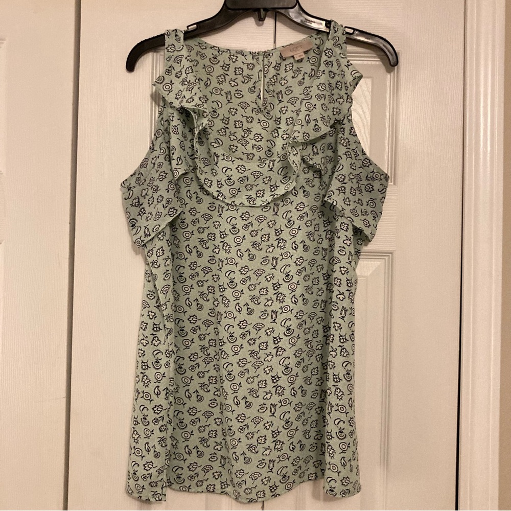 Loft Women’s Sleeveless Green Floral Print Cascade Ruffled Scoop Neck Size Large